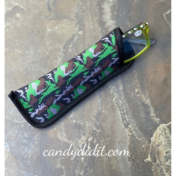 Translucent Chartreuse Camo W/Chartreuse Crystals Bling Reader Glasses With Case - Picture 10 of 11